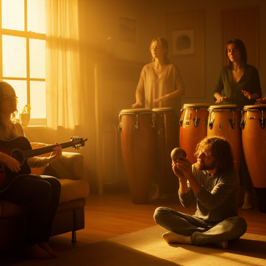 Music Therapy In A Music Therapy Room, A Guitar Playing Woman, 2 Women Playing Bongos And 1 Man Playing A Shaker