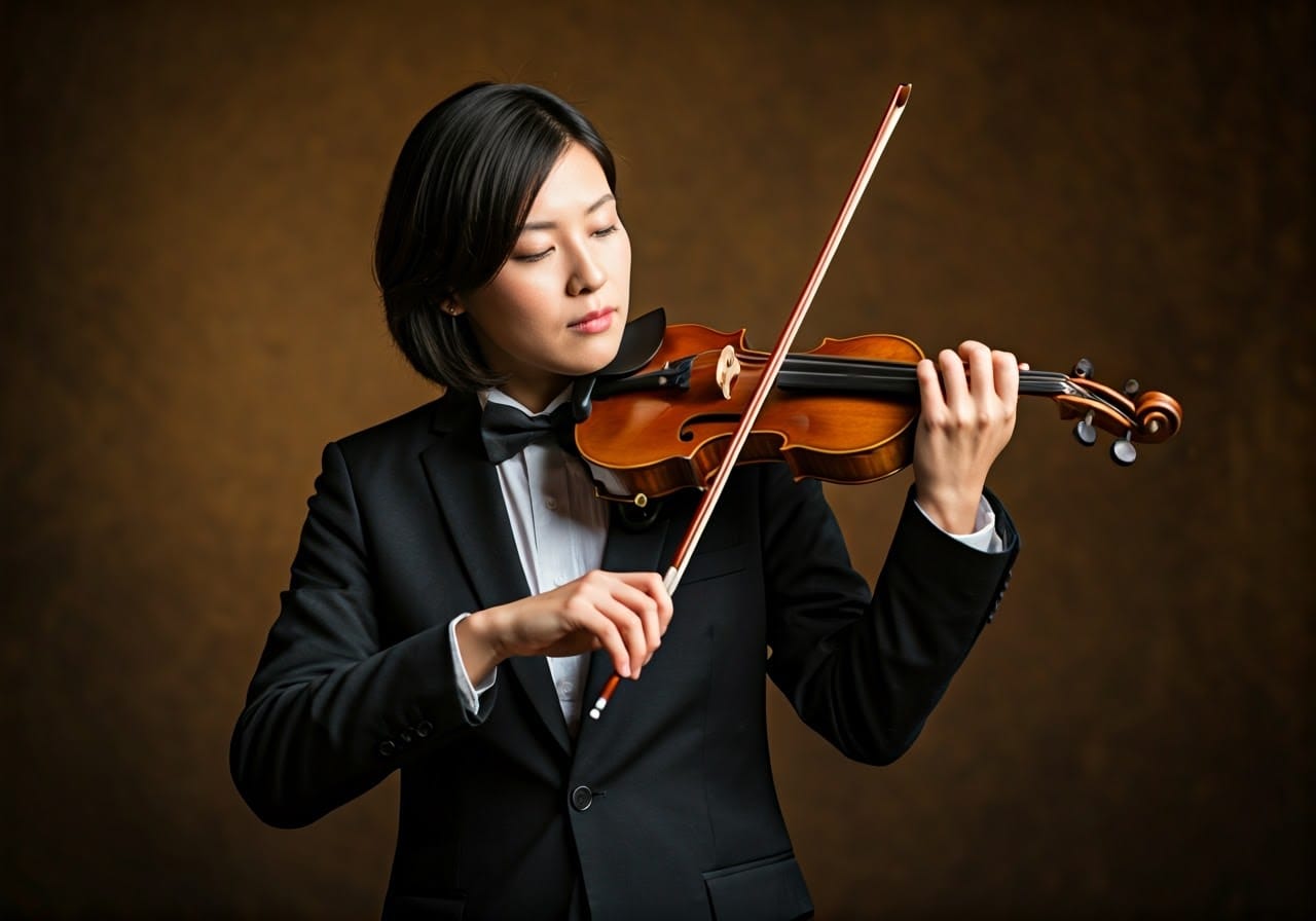 A person in formal attire plays a violin against a brown background.